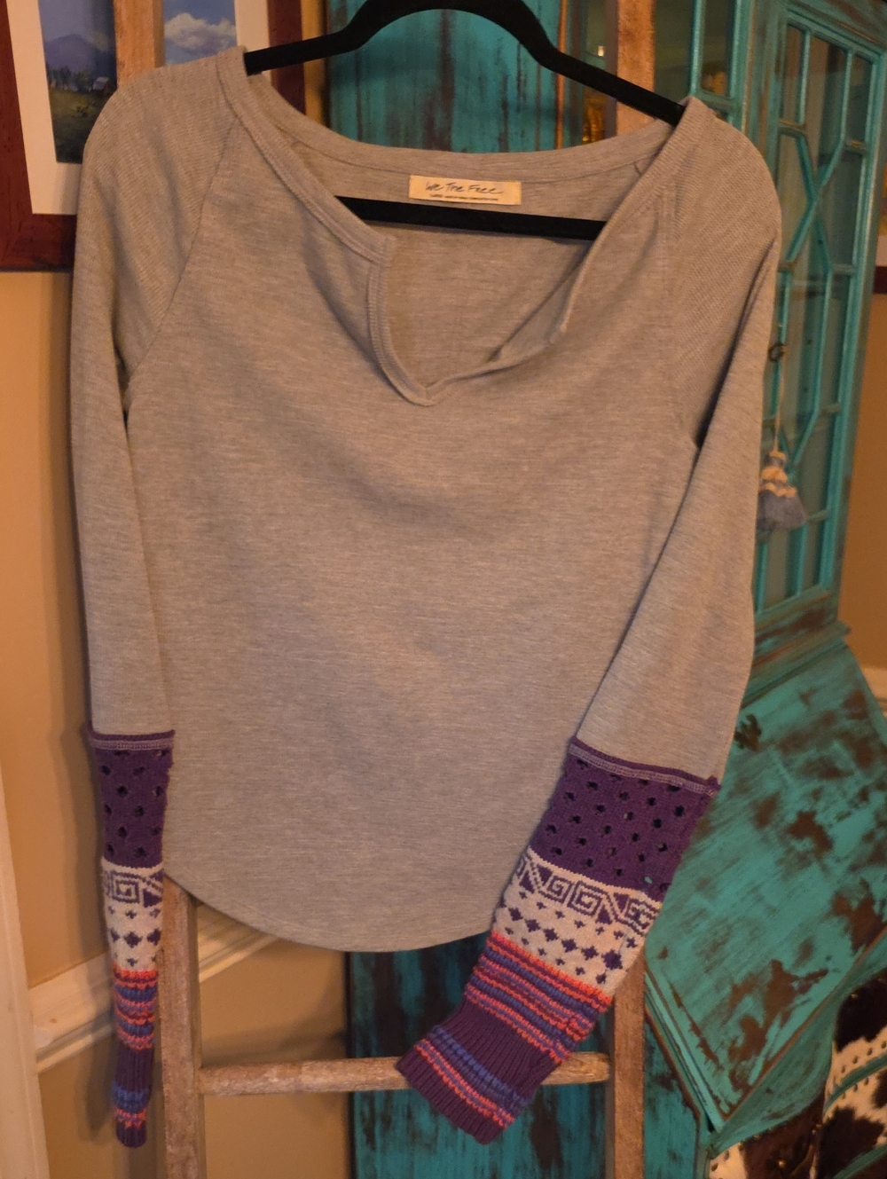 We The Free Heather Gray Pullover with Patterned Purple Cuffs